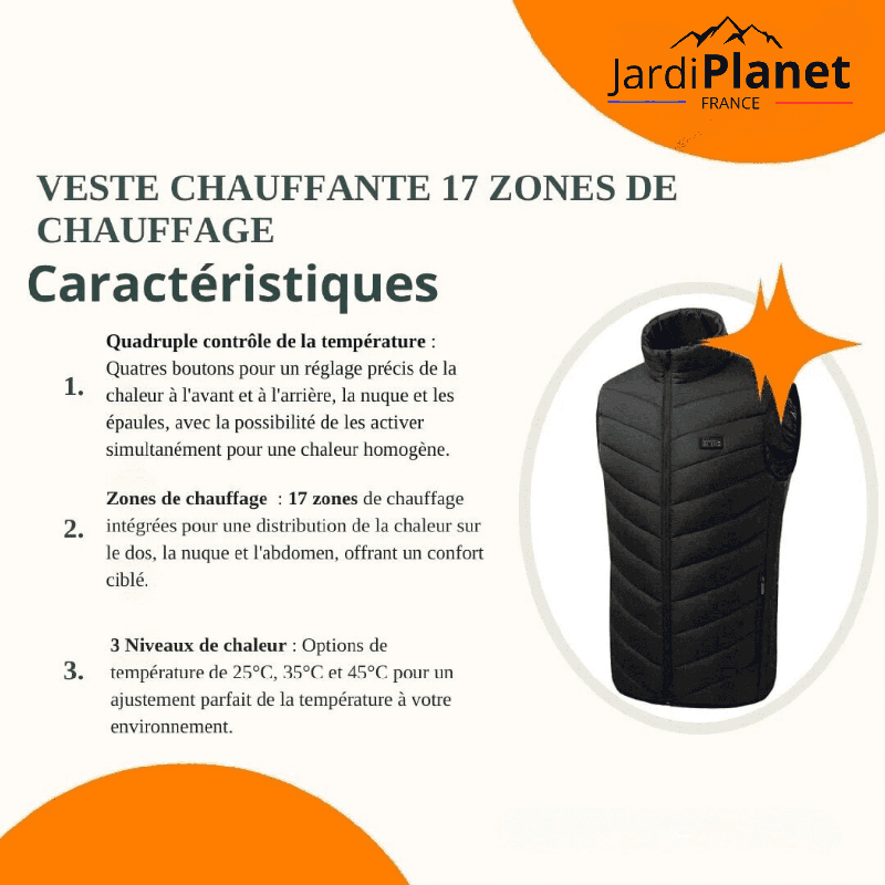 Veste chauffante 17 zones de chauffage