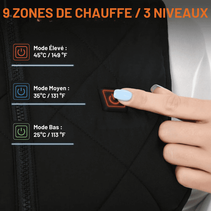 Gilet chauffant pour femme double contrôle avec 9 zones de chauffe